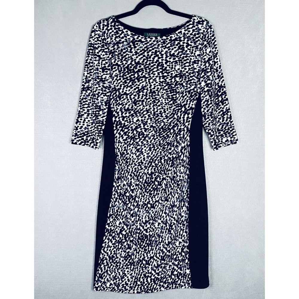 Slimming Lauren Ralph Lauren Dress 12 Black Stretch Leopard Print 3/4 Sleeve